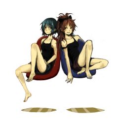  2girls bare_legs bare_shoulders barefoot blue_eyes blue_hair bow camisole collarbone commentary_request full_body grin hairbow highres mahou_shoujo_madoka_magica mahou_shoujo_madoka_magica_(anime) miki_sayaka multiple_girls ponytail red_eyes red_hair sakura_kyoko short_hair shorts simple_background sitting smile uzaki_(jiro) white_background 