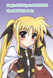  armor artist_name belt blonde_hair blush cape commentary_request copyright_name fate_testarossa fate_testarossa_(blaze_form) female gradient_background hair_ribbon long_hair lyrical_nanoha mahou_shoujo_lyrical_nanoha mahou_shoujo_lyrical_nanoha_a&#039;s mahou_shoujo_lyrical_nanoha_the_movie_2nd_a&#039;s ouse_riruka photoshop_(medium) red_eyes ribbon smile solo twintails two-sided_cape two-sided_fabric v 