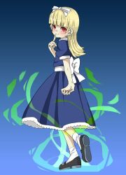  alice_(megami_tensei) blonde_hair blue_dress bow bowtie commentary_request dress female hair_ribbon hairband kiniko mary_janes megami_tensei obi puffy_sleeves red_eyes ribbon sash shin_megami_tensei shoes solo 