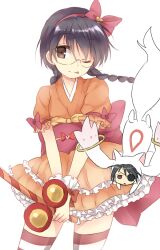  ;p black_hair bow braid brown_eyes commentary_request female genderswap_(mtf) gintama glasses hairbow japanese_clothes kimono kyuubee long_hair magical_girl mahou_shoujo_madoka_magica mahou_shoujo_madoka_magica_(anime) maruki_(punchiki) name_connection obi one_eye_closed rule_63 sash shimura_shinpachi striped_clothes striped_thighhighs thighhighs tongue tongue_out twin_braids yagyuu_kyuubei 