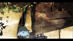  ahoge backpack bag blue_hair blurry bug cicada commentary_request depth_of_field female french_text from_above from_behind hinanawi_tenshi letterboxed no_headwear partially_translated photoshop_(medium) sign siirakannu solo tenco&#039;s_story text_focus touhou translation_request 