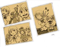  5girls akemi_homura apple bush camera commentary_request drill_hair food fruit grin hair_ornament hair_ribbon hairband hairclip kaname_madoka long_hair mahou_shoujo_madoka_magica mahou_shoujo_madoka_magica_(anime) miki_sayaka mitakihara_school_uniform monochrome multiple_girls photo_(object) photoshop_(medium) pocky ponytail ribbon sakura_kyoko school_uniform sepia short_hair short_twintails smile standing tomoe_mami twin_drills twintails uzaki_(jiro) 