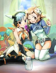  2girls bad_id bad_pixiv_id belt bike_shorts blue_hair brown_eyes brown_hair commentary_request cosplay costume_switch crossover detached_sleeves elbow_gloves fin_e_ld_si_laffinty fin_e_ld_si_laffinty_(cosplay) flower gloves hair_flower hair_ornament hairclip headphones jar leotard multiple_girls niina_ryou one_eye_closed photoshop_(medium) purple_eyes rinne_no_lagrange season_connection senki_zesshou_symphogear short_hair tachibana_hibiki_(symphogear) tachibana_hibiki_(symphogear)_(cosplay) thighhighs 