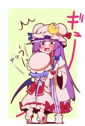  2girls :o ^^^ bat_wings blue_hair blush bow chibi commentary_request crescent double_bun dress eichi_yuu hair_bun hat hat_ribbon hug long_hair multiple_girls patchouli_knowledge purple_hair remilia_scarlet ribbon striped_clothes striped_dress tiptoes touhou v-shaped_eyebrows vertical_stripes wings 