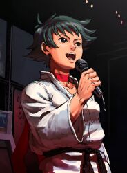  arcade_cabinet bad_id bad_pixiv_id black_hair choker commentary dougi female jibon karate_gi makoto_(street_fighter) microphone momochi_(gamer) photoshop_(medium) ribbon_choker short_hair solo street_fighter street_fighter_iii_(series) 