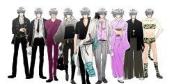  1boy absurdres animal_costume animal_ears animal_print commentary_request crossdressing formal gintama glasses grey_hair hadanugi_dousa highres jacket jakira japanese_clothes kimono long_sleeves male_focus multiple_views open_clothes open_kimono photoshop_(medium) red_eyes sakata_gintoki shinsengumi_(gintama) short_sleeves short_twintails suit tail tiger_costume tiger_ears tiger_print tiger_tail twintails white_jacket 