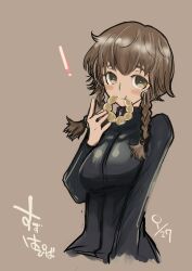  ! amane_suzuha blush braid brown_eyes brown_hair commentary_request doraeshi doughnut eating female food highres jacket long_hair smile solo steins;gate turtleneck twin_braids 