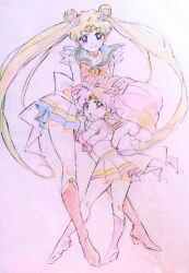  2girls back_bow bishoujo_senshi_sailor_moon bishoujo_senshi_sailor_moon_supers blue_sailor_collar boots bow brooch chibi_usa choker colored_pencil_(medium) commentary cone_hair_bun don_bee full_body hair_bun heart heart_brooch heart_choker jewelry knee_boots long_hair looking_back magical_girl multicolored_clothes multicolored_skirt multiple_girls pink_footwear red_bow sailor_chibi_moon sailor_collar sailor_moon sailor_senshi_uniform skirt smile super_sailor_chibi_moon super_sailor_moon traditional_media tsukino_usagi twintails very_long_hair 