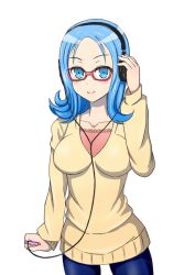  atago_kinue blue_eyes blue_hair blush breasts commentary_request denim female glasses headphones jeans large_breasts long_hair pants saki_(manga) smile snowman49 solo sweater 