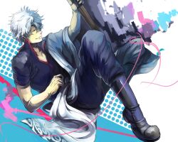  1boy bad_id bad_pixiv_id bokken gintama highres japanese_clothes male_focus nolife red_eyes sakata_gintoki solo sword weapon white_hair wooden_sword 