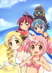  5girls :3 :d ^_^ akemi_homura beach bikini black_hair blonde_hair blue_eyes blue_hair blush bodysuit bow closed_eyes commentary_request diving_mask diving_regulator diving_suit dolphin drill_hair food fruit goggles goggles_on_head hair_ornament hairband hairbow inflatable_toy kaname_madoka kyuubee long_hair mahou_shoujo_madoka_magica mahou_shoujo_madoka_magica_(anime) miki_sayaka multiple_girls open_mouth pink_eyes pink_hair ponytail purple_eyes red_eyes red_hair sakura_kyoko scuba short_hair short_twintails smile snorkel swimsuit tomoe_mami twin_drills twintails watermelon wetsuit yellow_eyes yuuki_akira 