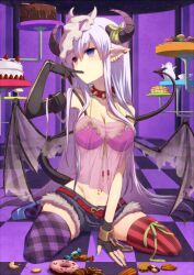  asymmetrical_gloves asymmetrical_legwear bad_id bad_pixiv_id belt bikini bikini_top_only black_legwear blush breasts cake candy checkered_floor cleavage collar cookie cuffs cup demon_girl demon_horns demon_tail doughnut earrings elbow_gloves female finger_to_mouth fingerless_gloves fingernails food fruit gloves grey_shorts groin heart horns jewelry kettle large_breasts lingerie long_hair macaron mask mismatched_gloves mismatched_legwear multicolored_nails nail_polish navel navel_piercing negligee original pancake piercing plaid plaid_legwear pointy_ears purple_eyes purple_hair ribbon shackles short_shorts shorts single_elbow_glove sitting solo spiked_collar spikes spread_legs strap_slip strawberry striped_clothes striped_thighhighs sweets swimsuit tail teacup teapot tepes thighhighs torn_wings underwear uneven_legwear vertical-striped_clothes vertical-striped_thighhighs wariza wings 