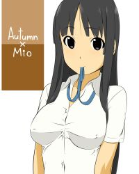  akiyama_mio black_eyes black_hair breasts commentary_request covered_nipples female highres hime_cut k-on! long_hair looking_at_viewer maria_1/2 medium_breasts sakuragaoka_high_school_uniform school_uniform simple_background solo uniform upper_body white_background 