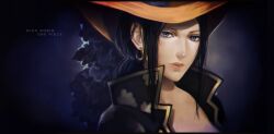  bad_id bad_pixiv_id black_hair blue_eyes character_name copyright_name earrings felice female hat jewelry lips long_hair nico_robin one_piece one_piece_film:_z realistic solo 