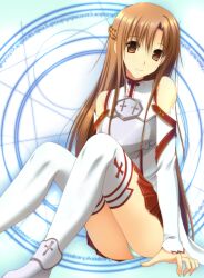  asuna_(sao) bare_shoulders brown_eyes brown_hair commentary_request cross detached_sleeves female highres long_hair long_legs looking_at_viewer magic_circle panties pantyshot photoshop_(medium) sitting skirt smile solo sword_art_online takepon thighhighs underwear white_panties white_thighhighs 