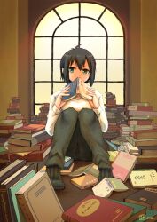  book book_stack boots commentary dress_shirt english_commentary feet_on_table female green_eyes kino_(kino_no_tabi) kino_no_tabi mixed-language_commentary reading russian_commentary shirt short_hair sumio_(mas_maru) too_many too_many_books window 