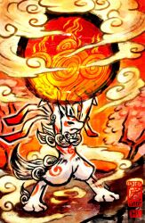  amaterasu_(okami) ambiguous_gender anthro anthrofied canid canine capcom clover_studio crossover deity digital_media_(artwork) fire fur generation_4_pokemon haychel hi_res lucario mammal markings nintendo okami_(capcom) pokemon pokemon_(species) pokemorph red_markings solo sun white_body white_fur 