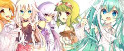  39 5girls aqua_hair bad_id bad_pixiv_id blue_eyes character_name goggles goggles_on_head green_hair gumi hatsune_miku headset ia_(vocaloid) kagamine_rin light_purple_hair multiple_girls open_mouth orange_hair pointing purple_eyes red_eyes saionji_yuri simple_background smile twintails vocaloid voiceroid white_background white_hair yellow_eyes yuzuki_yukari 