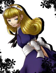  alice_(megami_tensei) bad_id bad_pixiv_id blonde_hair blue_eyes bow bowtie female hair_ribbon hairband highres long_hair megami_tensei obi puffy_sleeves ribbon sash shin_megami_tensei solo zenmai_(zenmaso009) 