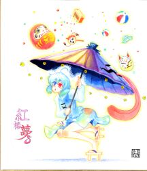  ball bell blue_eyes blue_hair commentary_request daruma_doll female geta heterochromia jingle_bell karakasa_obake mask painting_(medium) photoshop_(medium) purple_umbrella rattle_drum red_eyes shikishi short_hair skirt solo tatara_kogasa tongue tongue_out touhou traditional_media ufo umbrella warugaki_(sk-ii) watercolor_(medium) 