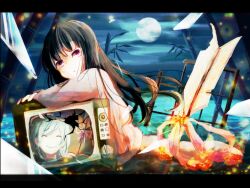  2girls arrow_(projectile) bamboo black_hair closed_eyes cloud commentary_request crt daidai_(nana1234567) dial_television full_moon glass houraisan_kaguya letterboxed long_hair moon multiple_girls night night_sky pink_eyes sky television touhou water white_hair yagokoro_eirin 