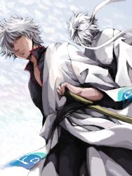  2boys akagi_soushi bokken dual_persona gintama grey_hair hadanugi_dousa headband japanese_clothes joui kimono long_sleeves male_focus multiple_boys open_clothes open_kimono red_eyes sakata_gintoki short_sleeves sword tegaki weapon wooden_sword 