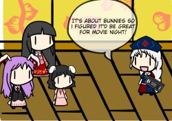  4girls animal_ears bad_id bad_pixiv_id black_hair carrot chuggernaut dress english_text hat houraisan_kaguya inaba_tewi long_hair multiple_girls pink_dress pink_hair rabbit_ears reisen_udongein_inaba short_hair skirt touhou videocassette walfas watership_down white_hair yagokoro_eirin 