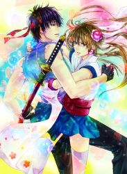  2boys bad_id bad_pixiv_id blue_eyes bun_cover crossdressing fingerless_gloves gintama gloves ha_ru_(m-ca) hair_bun headband hijikata_toushirou japanese_clothes katana long_hair miniskirt multiple_boys okita_sougo otoko_no_ko parody pleated_skirt red_eyes sheath sheathed single_hair_bun skirt sword thighhighs vest weapon white_legwear 