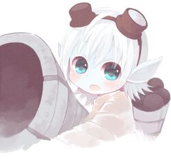  aqua_eyes blush cannon commentary faux_traditional_media female goggles goggles_on_head konatsu_miyu league_of_legends open_mouth pointy_ears solo tristana white_hair yordle 