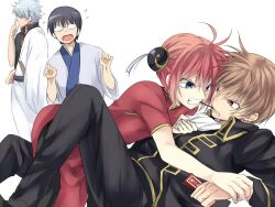  3boys black_hair blue_eyes brown_hair bun_cover chinese_clothes clenched_teeth commentary_request double_bun female fighting food gintama glasses grey_hair hadanugi_dousa hair_bun jacket japanese_clothes kagura_(gintama) kimono long_sleeves maruki_(punchiki) mouth_hold multiple_boys neckwear_grab nose_picking okita_sougo open_clothes open_kimono red_eyes red_hair sakata_gintoki shared_food shimura_shinpachi short_sleeves snack teeth teeth_hold 