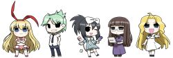  &gt;:) 5girls :&gt; :d amae_koromo animal_ears asymmetrical_legwear black_eyes black_hair blonde_hair blue_eyes blunt_bangs bow brown_hair chibi commentary_request computer crossed_arms dress facial_mark fake_animal_ears glasses green_hair grin hairbow hands_on_own_hips highres inoue_jun kneehighs kunihiro_hajime laptop long_hair mahjong multiple_girls necktie one_eye_closed open_mouth pants pants_under_skirt pointing ponytail purple_dress rabbit_ears ryuumonbuchi_touka saki_(manga) saki_achiga-hen sawamura_tomoki shoes short_hair simple_background skirt smile socks standing thighhighs ume_(noraneko) uneven_legwear v-shaped_eyebrows very_long_hair white_background white_dress 