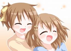  2girls ^_^ brown_hair closed_eyes commentary_request hirasawa_ui hirasawa_yui k-on! kagerou_(kers) multiple_girls open_mouth ponytail round_teeth short_hair siblings sisters smile teeth upper_body 