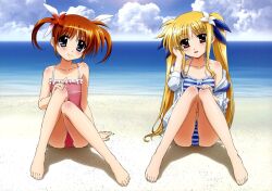  2girls absurdres arm_support barefoot beach bikini blonde_hair blue_eyes blush brown_hair casual_one-piece_swimsuit cloud cloudy_sky collarbone day fate_testarossa feet flower frilled_bikini frilled_one-piece_swimsuit frills hair_flower hair_ornament highres long_hair lyrical_nanoha mahou_shoujo_lyrical_nanoha mahou_shoujo_lyrical_nanoha_a&#039;s multiple_girls official_art okuda_yasuhiro one-piece_swimsuit open_mouth outdoors pink_one-piece_swimsuit red_eyes sand scan short_hair sitting sky smile striped_bikini striped_clothes swimsuit takamachi_nanoha twintails water 