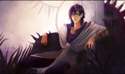  1boy bad_id bad_pixiv_id bracelet earrings felice hoop_earrings jewelry long_hair magi_the_labyrinth_of_magic male_focus manly purple_hair realistic sinbad_(magi) solo yellow_eyes 