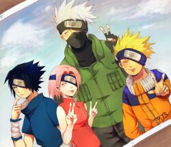  3boys :p black_hair blonde_hair closed_eyes commentary_request covering_one_eye dated double_v female fingerless_gloves forehead_protector gloves hatake_kakashi jacket konohagakure_symbol mask multiple_boys naruto naruto_(series) photo_(object) pink_hair sakura_haruno short_hair smile spiked_hair sweatdrop team_7_(naruto) tongue tongue_out track_jacket uchiha_sasuke umeji_(artist) uzumaki_naruto v white_hair wristband 