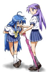  2girls ahoge arm_behind_back bad_source blue_eyes blue_hair blue_sailor_collar blue_skirt bowing brown_footwear closed_eyes closed_umbrella grey_socks hair_ribbon hiiragi_kagami hisakawa_riho izumi_konata kissing kissing_hand long_hair lucky_star multiple_girls pink_umbrella planted planted_umbrella pleated_skirt purple_hair ribbon sailor_collar sailor_shirt shirt simple_background skirt socks standing umbrella white_socks yuri 