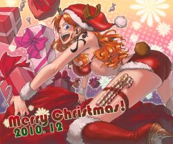  2010 ameng870125 blue_eyes breasts candy candy_cane christmas large_breasts nami nami_(one_piece) one_piece orange_hair smile tattoo wink 