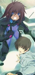  1boy absurdres blue_eyes bodysuit brown_hair clenched_hand clenched_teeth dark-skinned_female dark_skin female fortified_suit game_cg highres iizuki_tasuku jacket long_sleeves looking_away mecha medium_hair middle_finger military military_uniform muv-luv muv-luv_alternative muv-luv_total_eclipse oerba_yun_fang official_art paint.net_(medium) pilot_suit robot standing sweatdrop tactical_surface_fighter tarisa_manandal teeth tsurime uniform v-shaped_eyebrows yellow_eyes yuuya_bridges 