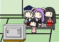  4girls animal_ears bad_id bad_pixiv_id black_hair carrot chuggernaut couch dress hat houraisan_kaguya inaba_tewi long_hair multiple_girls pink_dress pink_hair rabbit_ears reisen_udongein_inaba short_hair skirt television touhou walfas watership_down white_hair yagokoro_eirin 