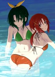  2girls bad_id bad_pixiv_id bikini commentary_request ganzyu_i green_eyes green_hair hino_akane_(smile_precure!) long_hair midorikawa_nao multiple_girls ponytail precure red_eyes red_hair short_hair smile_precure swimsuit 