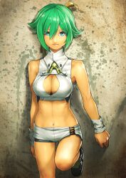  aqua_eyes aquarion_(series) aquarion_evol bare_shoulders boots breasts cleavage_cutout clothing_cutout commentary_request cross-laced_clothes cross-laced_shorts cross-laced_slit female green_hair medium_breasts midriff navel ninny-world short_hair short_shorts shorts smile solo stomach white_shorts wristband zessica_wong 