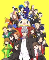  6+boys 6+girls ^_^ adachi_tooru amagi_yukiko arm_around_neck bad_id bad_pixiv_id bandaid bandaid_on_face bandaid_on_nose belt black_hair blonde_hair blue_hair brown_eyes brown_hair buttons cabbie_hat closed_eyes doujima_nanako doujima_ryoutarou dress_shirt ebihara_ai elbow_gloves everyone forehead fox glasses gloves grey_eyes grey_hair hairband hanamura_yousuke hands_on_own_hips hat headphones headphones_around_neck heart highres ichijou_kou jersey jewelry kitsune_(persona_4) konishi_naoki kujikawa_rise kuma_(persona_4) kuroda_hisano long_hair margaret_(persona) marie_(persona_4) matsunaga_ayane minami_eri multiple_boys multiple_girls nagase_daisuke nakajima_shu narukami_yuu neckerchief necklace necktie nurse_cap ozawa_yumi persona persona_4 persona_4_the_golden photoshop_(medium) rihara satonaka_chie scar school_uniform serafuku shirogane_naoto shirt short_hair skirt skull_and_crossbones sleeveless smile tatsumi_kanji twintails uehara_sayoko veil yasogami_school_uniform yellow_eyes 