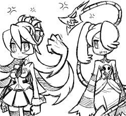  2girls anger_vein bad_id bad_pixiv_id bare_shoulders clenched_hand clenched_hands detached_sleeves eye_contact fangs filia_(skullgirls) frown gias-ex-machella greyscale hair_over_one_eye horns leviathan_(skullgirls) looking_at_another midriff monochrome multiple_girls navel necktie object_through_head pleated_skirt samson_(skullgirls) sharp_teeth side_ponytail skirt skullgirls squigly_(skullgirls) striped teeth thighhighs twintails zettai_ryouiki 