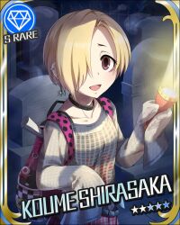  backpack blonde_hair brown_eyes character_name flashlight hair_over_one_eye idolmaster idolmaster_cinderella_girls official_art shirasaka_koume short_hair tombstone 