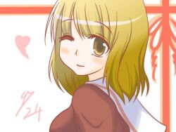  birthday blonde_hair blush brown_eyes commentary_request female fukuji_mihoko gradient_hair kazekoshi_school_uniform multicolored_hair one_eye_closed saki_(manga) school_uniform smile solo winter_uniform yozkun0 