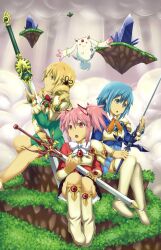  3girls :3 armor armored_dress blonde_hair blue_eyes blue_hair blue_skirt boots color_connection commentary_request cosplay drill_hair floating_island green_skirt hair_ornament highres hououji_fuu hououji_fuu_(cosplay) kaname_madoka kenbi_(hi_himmy) knee_boots kyuubee light_rays magic_knight_rayearth magical_girl mahou_shoujo_madoka_magica mahou_shoujo_madoka_magica_(anime) miki_sayaka mokona multiple_girls open_mouth parody photoshop_(medium) pink_eyes pink_hair ryuuzaki_umi ryuuzaki_umi_(cosplay) shidou_hikaru shidou_hikaru_(cosplay) short_hair short_twintails skirt sunbeam sunlight sword tomoe_mami twin_drills twintails weapon yellow_eyes 