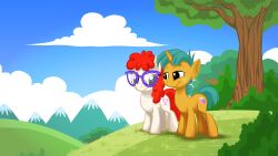  16:9 black_eyes cloud cutie_mark detailed_background digital_media_(artwork) duo earth_pony equid equine eyewear female feral friendship_is_magic fur glasses grass green_hair hair hasbro hi_res horn horse male mammal my_little_pony mysticalpha mythological_creature mythological_equine mythology outside plant pony quadruped red_hair shrub sky snails_(mlp) tail tree twist_(mlp) unicorn widescreen wood yellow_body yellow_fur young young_feral 