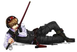  1boy bad_id bad_pixiv_id boots brown_hair cuffs earmuffs gintama ha_ru_(m-ca) handcuffs katana licking licking_blade licking_weapon male_focus okita_sougo red_eyes sheath sheathed sleep_mask solo sword vest weapon 