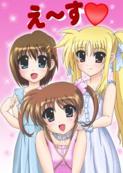  3girls bare_shoulders blonde_hair blue_eyes blush brown_hair choker commentary_request dress fate_testarossa hair_ribbon hand_on_another&#039;s_shoulder heart highres long_hair lyrical_nanoha mahou_shoujo_lyrical_nanoha mahou_shoujo_lyrical_nanoha_a&#039;s mahou_shoujo_lyrical_nanoha_the_movie_2nd_a&#039;s multiple_girls open_mouth ouse_riruka photoshop_(medium) purple_eyes red_eyes ribbon short_hair short_twintails smile sparkle takamachi_nanoha twintails yagami_hayate 