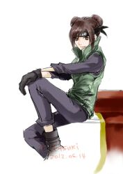  2012 artist_request brown_eyes brown_hair dated double_bun female flak_jacket forehead_protector gloves headband looking_at_viewer naruto signature sitting smile solo tenten tsukitsukiki 